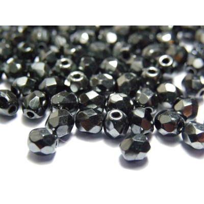 4 mm Round Faceted Fire-polished Czech Glass Beads - Hematite