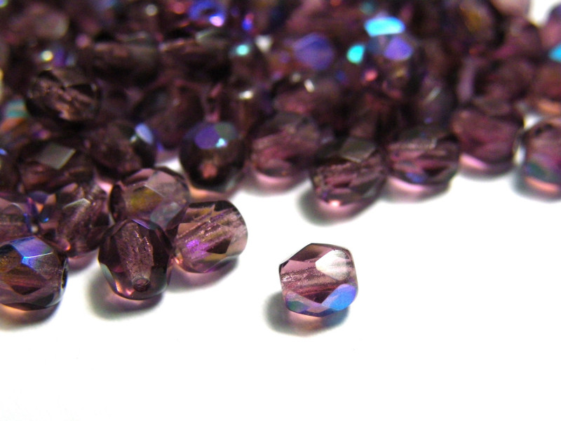 4 mm Round Faceted Fire-polished Czech Glass Beads - Amethyst AB