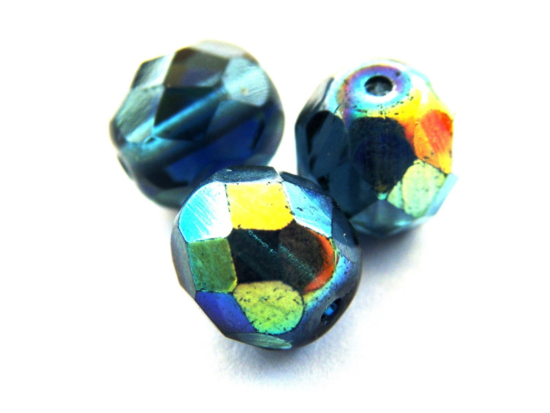 8 mm Round Faceted Fire-polished Czech Glass Beads - Montana Blue AB - 15 or 50 pc