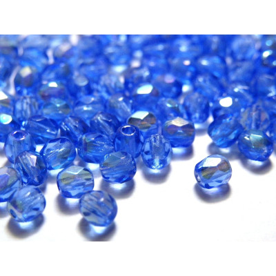 4 mm Round Faceted Fire-polished Czech Glass Beads - Sapphire AB
