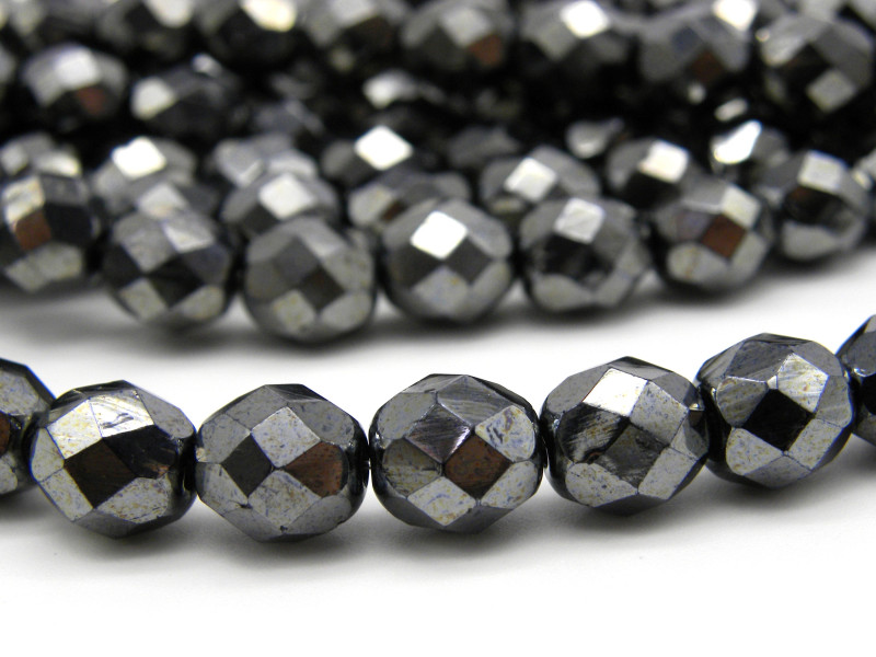 8 mm Round Faceted Fire-polished Czech Glass Beads - Hematite - 25 pc