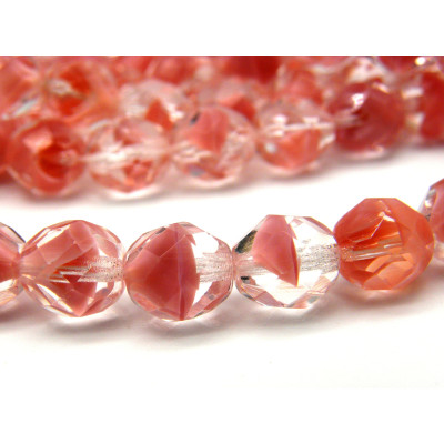 25x Runde facettierte feuerpolierte tschechische Glasschliffperlen 8 mm - Zweifarbig Crystal/Rosa