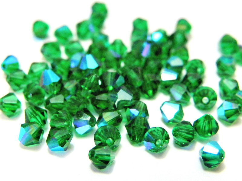 4 mm Czech MC Small Faceted Glass Bicone Beads - Medium Emerald AB