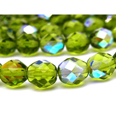 8 mm Round Faceted Fire-polished Czech Glass Beads - Olivine AB - 25 pc
