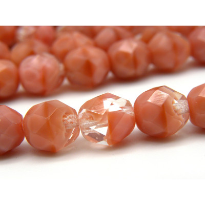 25x Runde facettierte feuerpolierte tschechische Glasschliffperlen 8 mm - Zweifarbig Coral Pink/Crystal