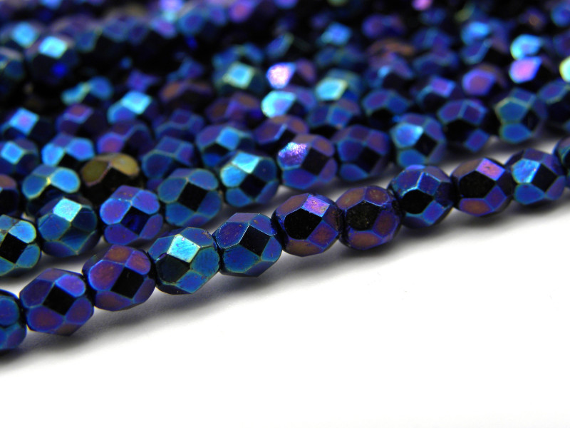 4 mm Round Faceted Fire-polished Czech Glass Beads (50 pc.) - Blue Iris