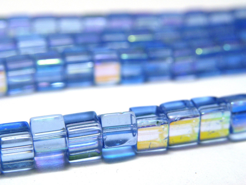 4 mm Small Glass Cube Beads - Cubic Glass Beads - Light Sapphire AB - 1 Strand with approx. 75 beads