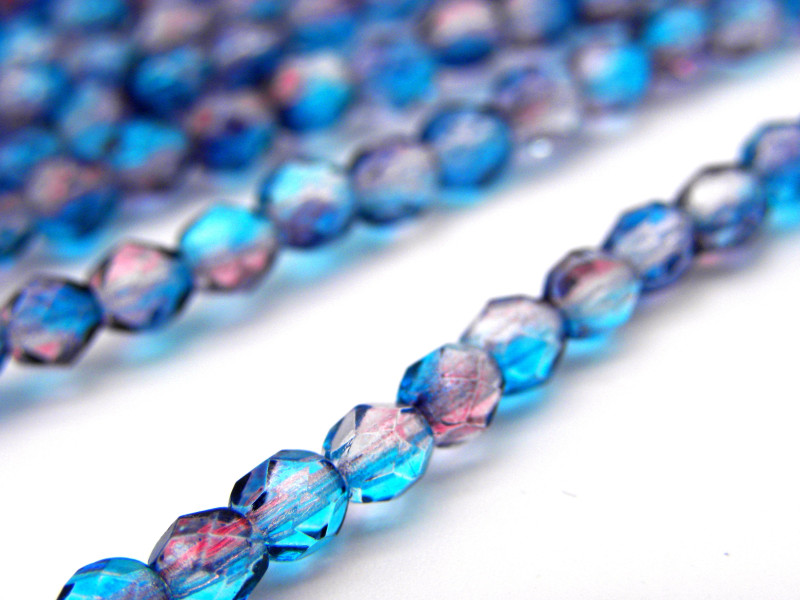 50 Stk. Tschechische feuerpolierte Glasschliffperlen 4 mm - Zweifarbig Aqua/Fuchsia