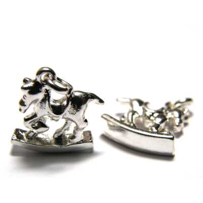 15 mm Rocking Horse - Metal Alloy Charm With Open Jump Ring (2 pc.) - Silver Plated