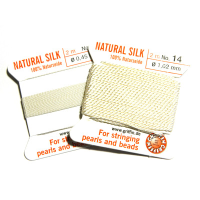2 m (6.6 Ft/2.15 Yd) Griffin Natural Silk Bead Cord - Pearl Knotting Cord with Needle - WHITE (All Sizes)