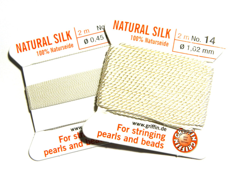 2m Griffin Natural Silk Bead Cord Perlseide mit Nadel - Weiß (alle Größen)