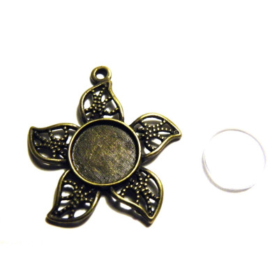 1x Blumen Anhänger 27 mm mit Anhängerfassung & Glascabochon - Antikgold