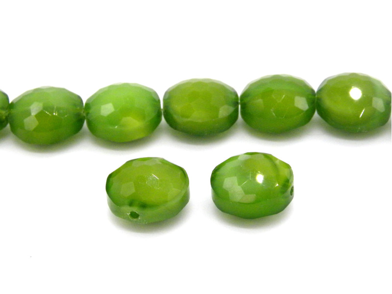 14 mm Large Hand-Made Faceted Flat Round Glass Beads - Green - 12 pc.