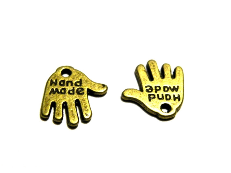 11 mm Vintage - Hand Made - Hand Charm, Small Hand Pendant - Metal Alloy - Antique Gold - 5 Pc.