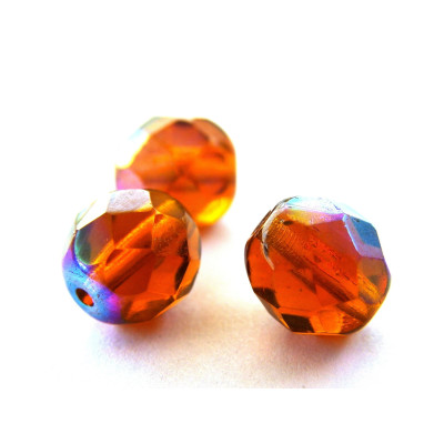 8 mm Round Faceted Fire-polished Czech Glass Beads - Dark Topaz AB - 15 or 50 pc