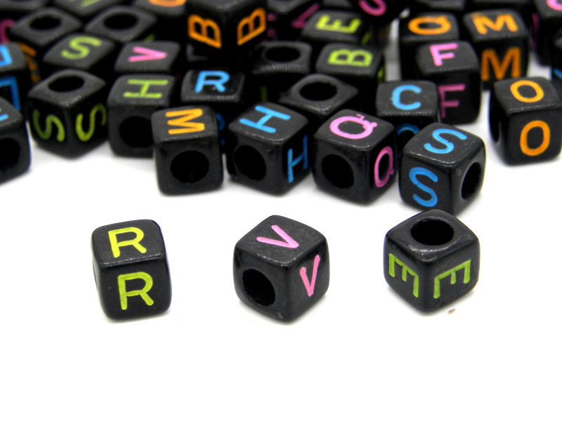 6 mm (0.24 inch) Acrylic ABC Cube Alphabet Beads, A to Z Letter Beads - Large Hole - Black with Coloured Letters 6 mm (0.24 inch) Acrylic ABC Cube Alphabet Beads, A to Z Letter Beads - Large Hole - Black with Coloured Letters