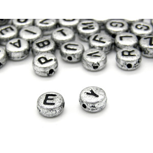 7 mm Round Silver Plastic Alphabet Beads with Blac... 7 mm Round Silver Plastic Alphabet Beads with Blac...
