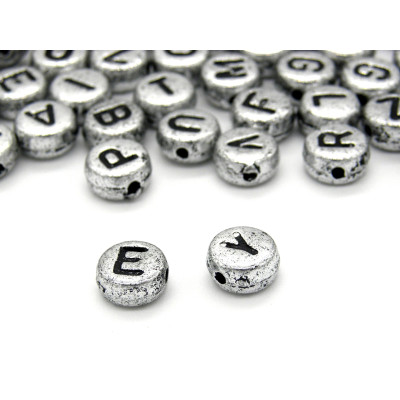7 mm Round Silver Plastic Alphabet Beads with Black Letters