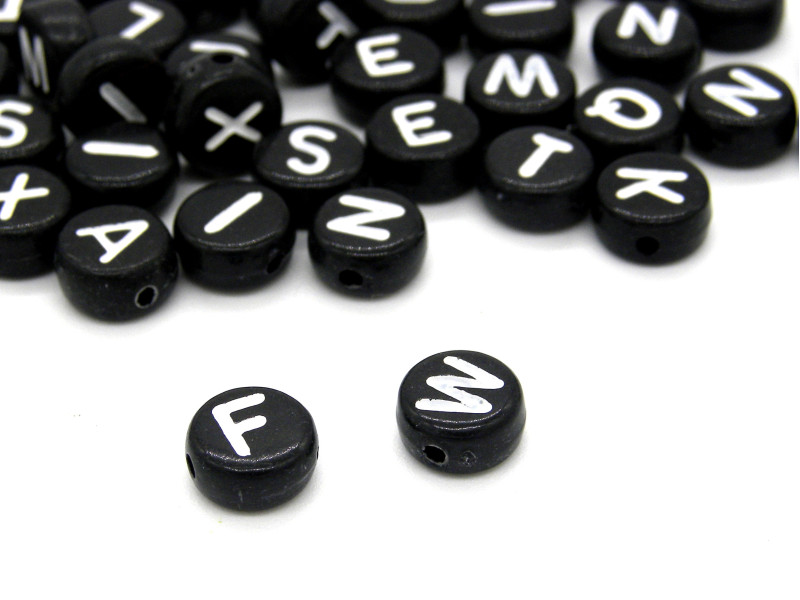 7 mm Round Acrylic Black Alphabet Beads with White Letters