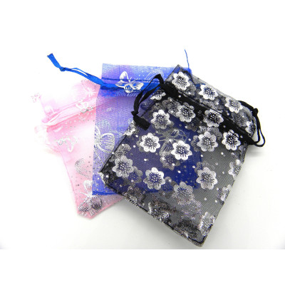 8 x 7 cm Small Organza Gift Bags with Drawstrings with silver print - Pink, Blue or Black