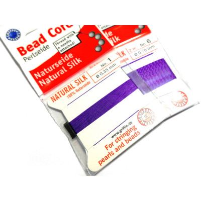 2 m (6.6 Ft/2.15 Yd) Griffin Natural Silk Bead Cord - Pearl Knotting Cord with Needle - AMETHYST Purple (All Sizes)