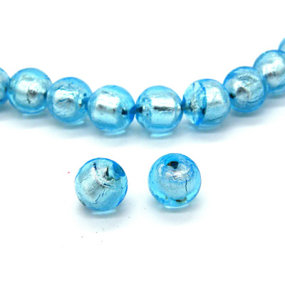 10 mm Hand-Made Round Silver Foil Glass Beads, Lampwork Beads - Light Blue - 10 pc.