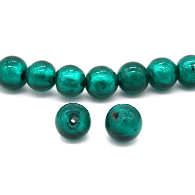 10 mm Hand-made Round Silver Foil Glass Beads, Lampwork Glass Beads - Emerald - 10 pc.