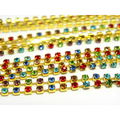 2.5 mm Rhinestone Brass Cup Chain 1 m (39 inch) - Gold/Multicolour