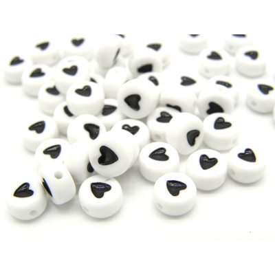 7 mm Round White Plastic Beads With Black Heart