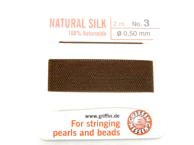 2m Griffin Natural Silk Bead Cord Perlseide mit Nadel - BRAUN (alle Größen)