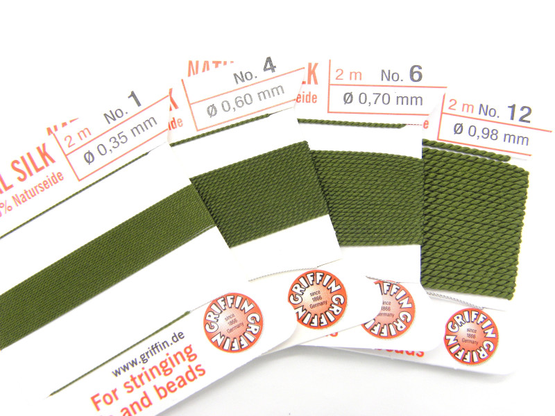 2m Griffin Natural Silk Bead Cord Perlseide mit Nadel - Olivgrün (alle Größen)