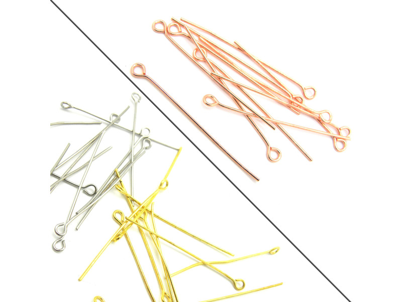 38 mm Medium-Thickness Brass Eyepins - Platinum Silver, Gold or Rose Gold Plated - 100 Pc
