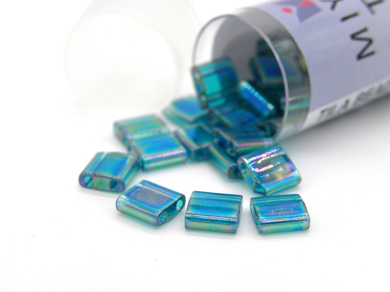 5 mm Japanese Miyuki Tila -  Japanese 2-hole Square Beads - Transparent Teal AB - TL 2458 - 7.2 g Vial - Approx 85 Beads