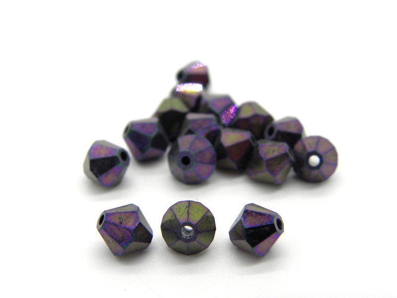 Tschechische geschliffene Glas-Doppelkegelperlen 6 mm - Jet Purple Iris (24 Perlen)