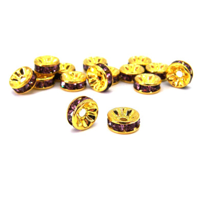 8 mm Gold-Plated Round Rhinestone Rondelle Beads - Amethyst - 10 pc