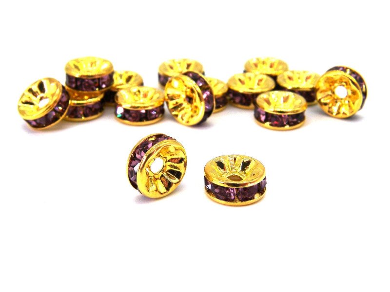 Große vergoldete runde Strassrondelleperlen 8 mm - Amethyst - 10 Stück