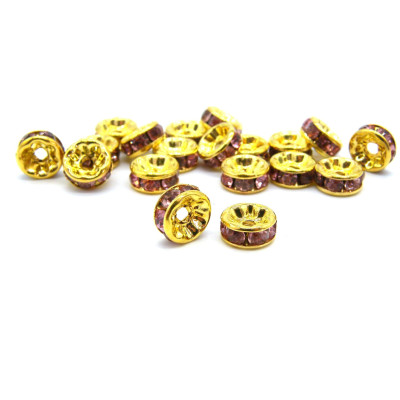 8 mm Gold-Plated Round Rhinestone Spacers, Rhinestone Rondelles, Strass Rondelles- Light Amethyst - 10 pc