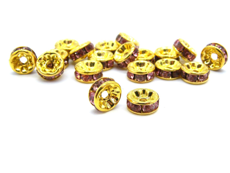 Vergoldete runde Strassrondelle, Kristallrondelle, Strassperlen - 8 mm - Light Amethyst