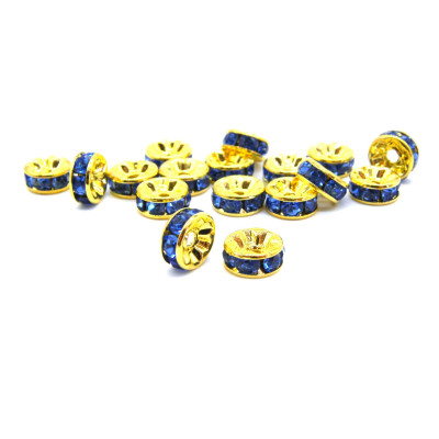 8 mm Gold-Plated Round Rhinestone Spacers, Rhinestone Rondelles, Strass Rondelles- Denim Blue - 10 pc