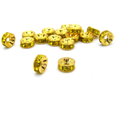 8 mm Gold-Plated Round Rhinestone Spacers, Rhinestone Rondelles, Strass Rondelles- Yellow - 10 pc