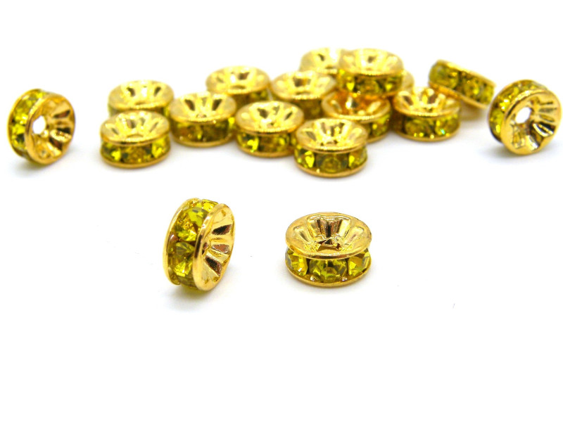 8 mm Gold-Plated Round Rhinestone Spacers, Rhinestone Rondelles, Strass Rondelles- Yellow - 10 pc
