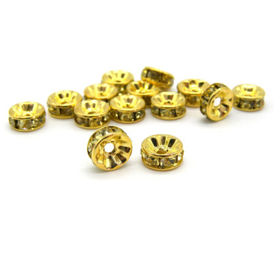 8 mm Gold-Plated Round Rhinestone Spacers, Rhinestone Rondelles, Strass Rondelles- Light Yellow - 10 pc