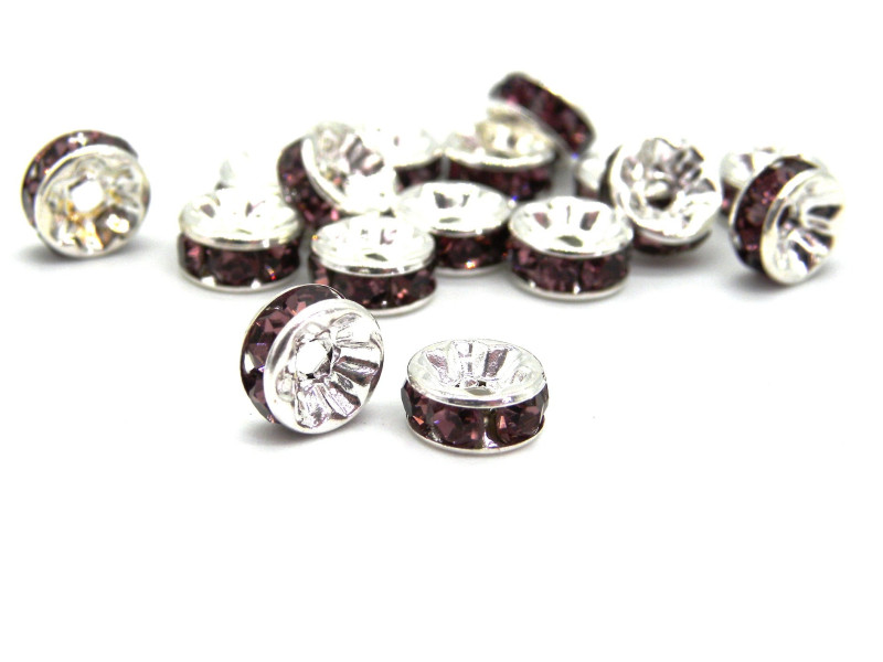 8 mm Silver-Plated Round Rhinestone Spacers, Rhinestone Rondelles, Strass Rondelles- Various Colours - 10 pc