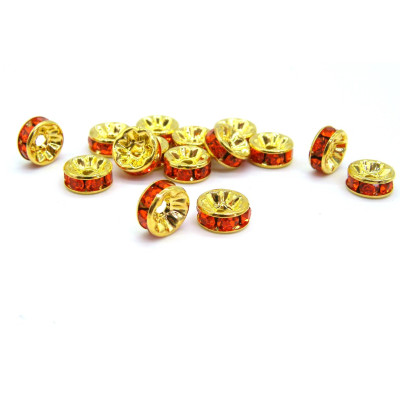 8 mm Gold-Plated Round Rhinestone Spacers, Rhinestone Rondelles, Strass Rondelles- Hyacinth Orange - 10 pc