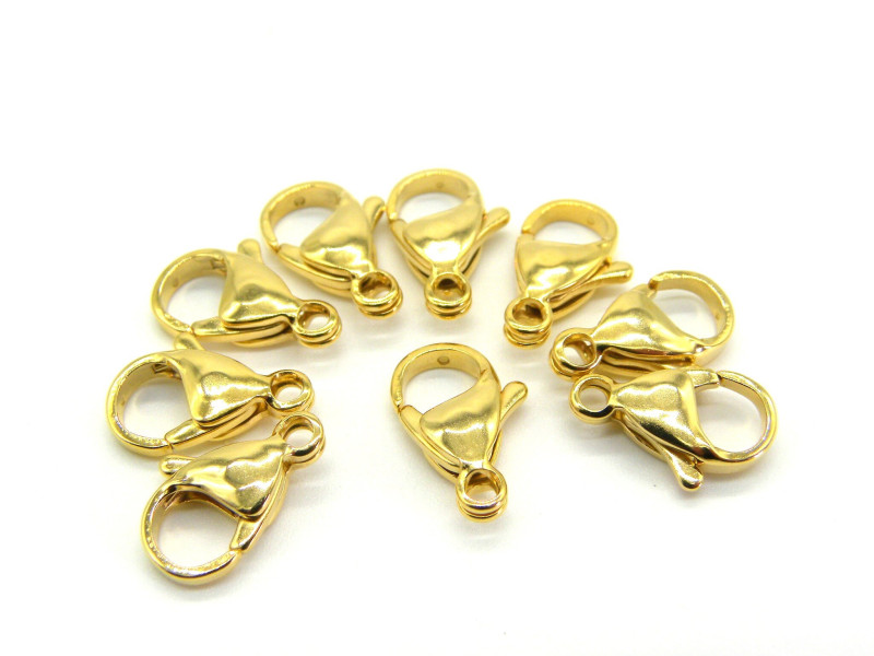 15 mm Große Karabinerverschlüsse aus Edelstahl - 24 K vergoldet - 10 Stück