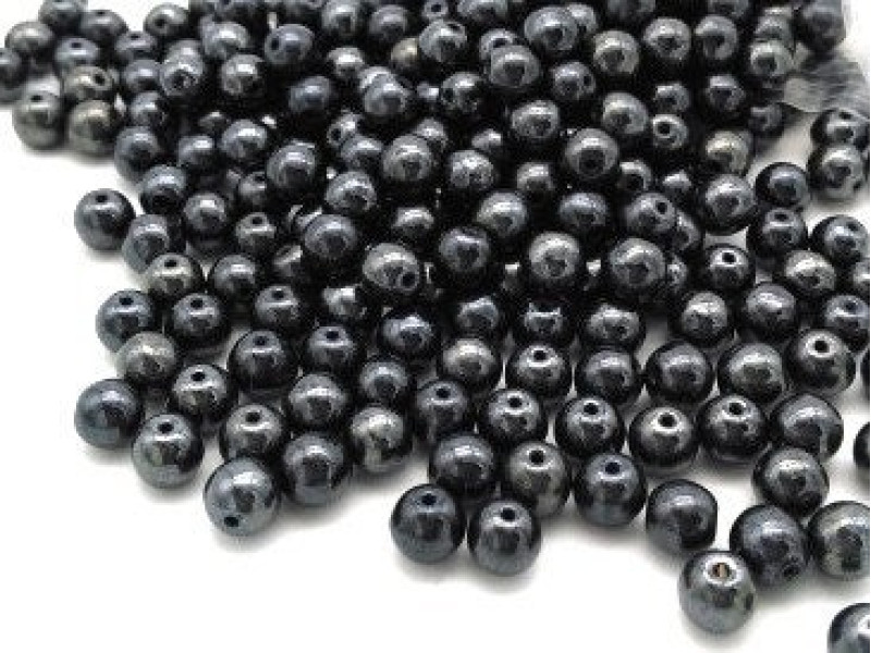 6 mm Traditional Round Czech Pressed Glass Beads - Hematite Grey