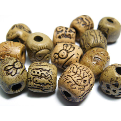 14 x 12 mm - 3 mm hole - Ethnic-Style Cylinder Beads - Brown Clay Ceramic - 4 pc.