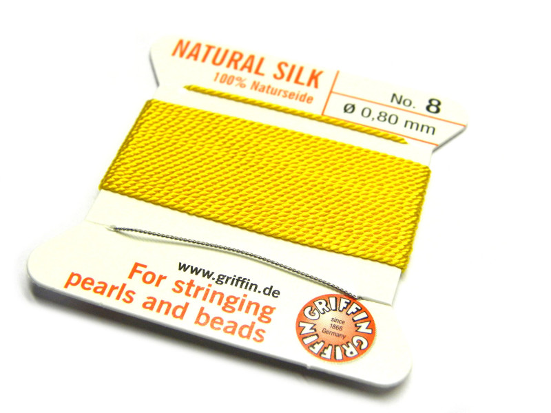 2 m Griffin Natural Silk Bead Cord Perlseide mit Nadel - HELLGELB (alle Größen)