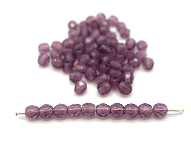 3 mm  Round Faceted Fire-polished Czech Glass Beads - Amethyst Purple (80 Beads)