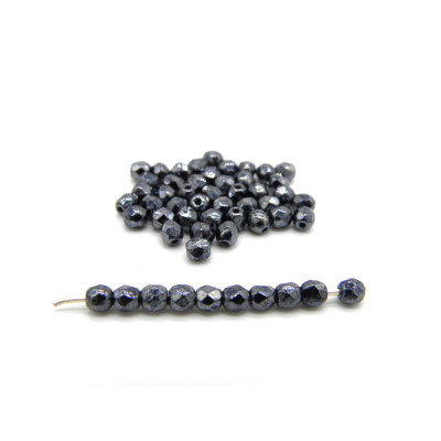 3 mm (0.12 Inch) Round Faceted Fire-polished Czech Glass Beads - Jet Haematite (80 Beads)